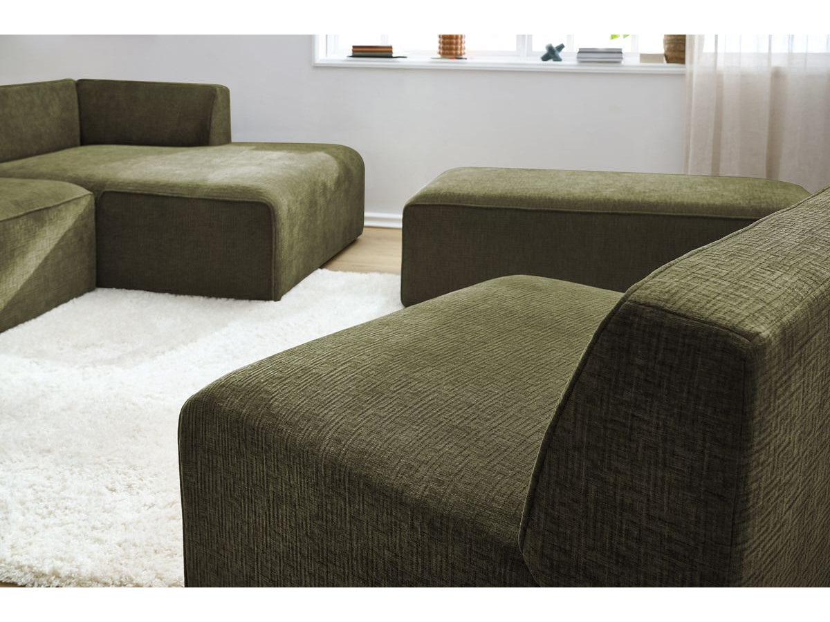 MEGEVE vaste modulaire hoekbank in structuurstof met 1 fauteuil en 1 poef
