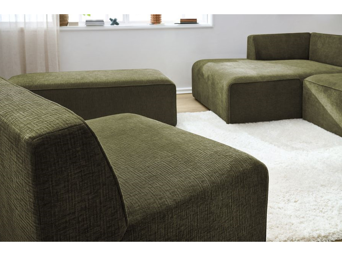 Canapé d'angle fixe modulable MEGEVE tissu texturé avec 1 chauffeuse et 1 pouf