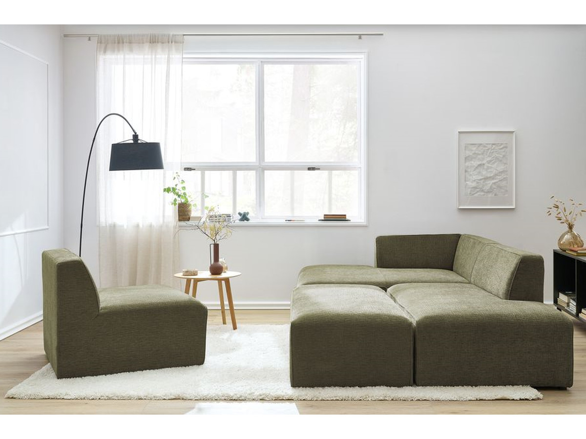 Canapé d'angle fixe modulable MEGEVE tissu texturé avec 1 chauffeuse et 1 pouf vert angle gauche BOBOCHIC 6 places - Vue supplémentaire 3