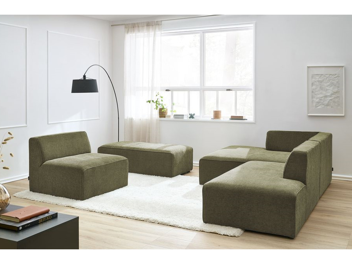 Canapé d'angle fixe modulable MEGEVE tissu texturé avec 1 chauffeuse et 1 pouf