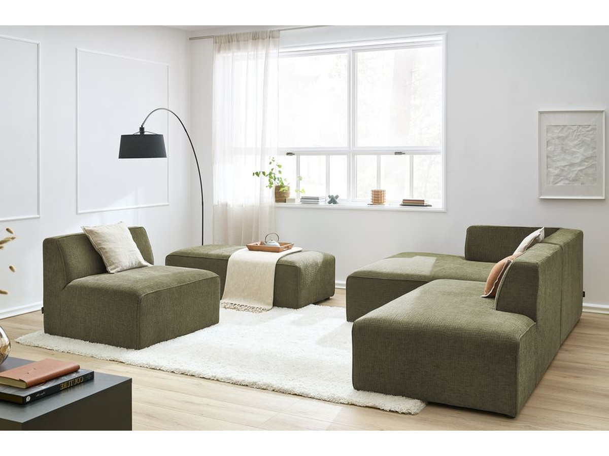 Canapé d'angle fixe modulable MEGEVE tissu texturé avec 1 chauffeuse et 1 pouf