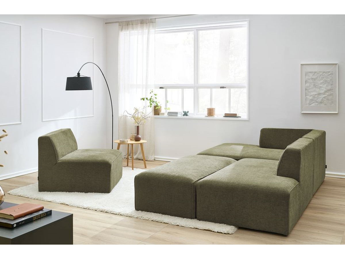 Canapé d'angle fixe modulable MEGEVE tissu texturé avec 1 chauffeuse et 1 pouf