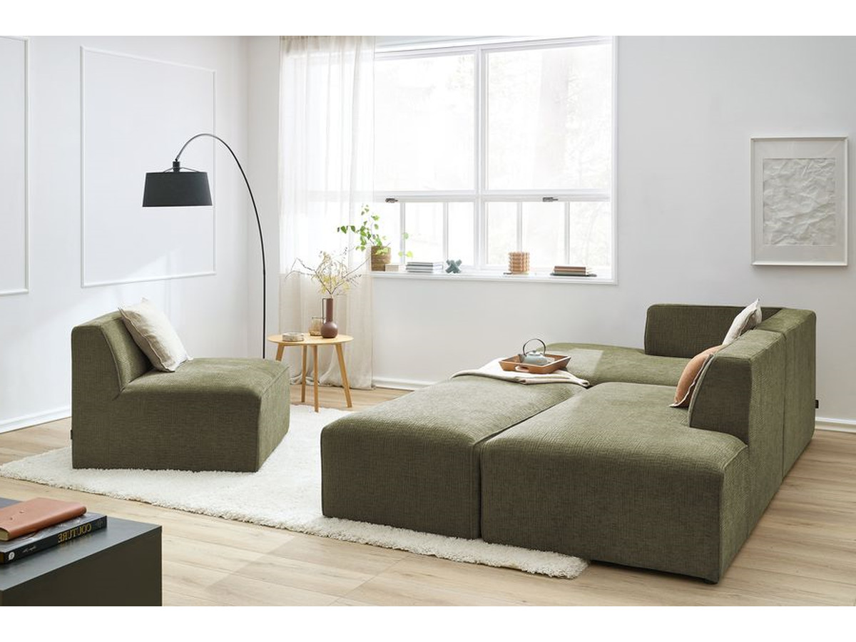 Canapé d'angle fixe modulable MEGEVE tissu texturé avec 1 chauffeuse et 1 pouf