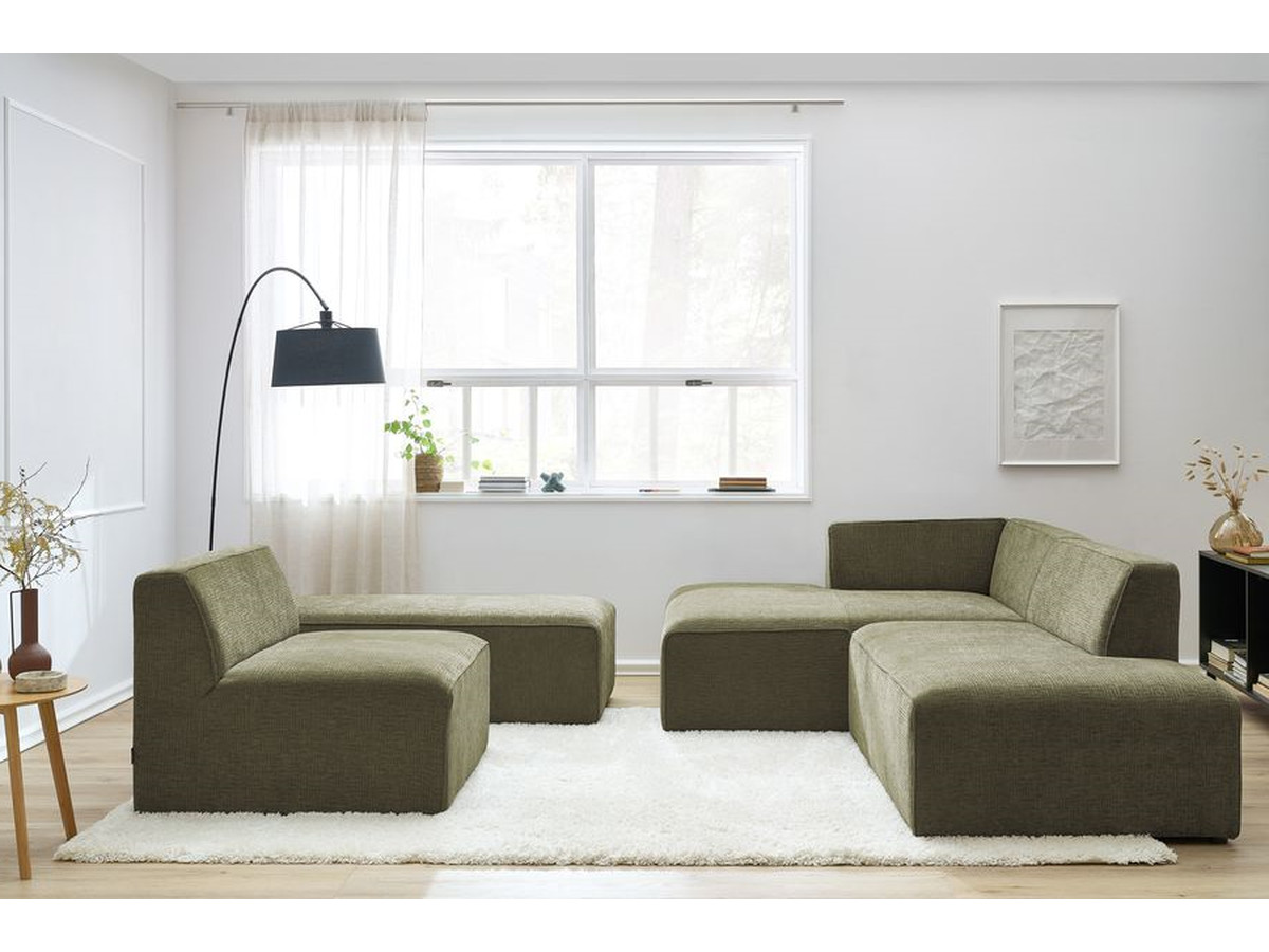 Canapé d'angle fixe modulable MEGEVE tissu texturé avec 1 chauffeuse et 1 pouf