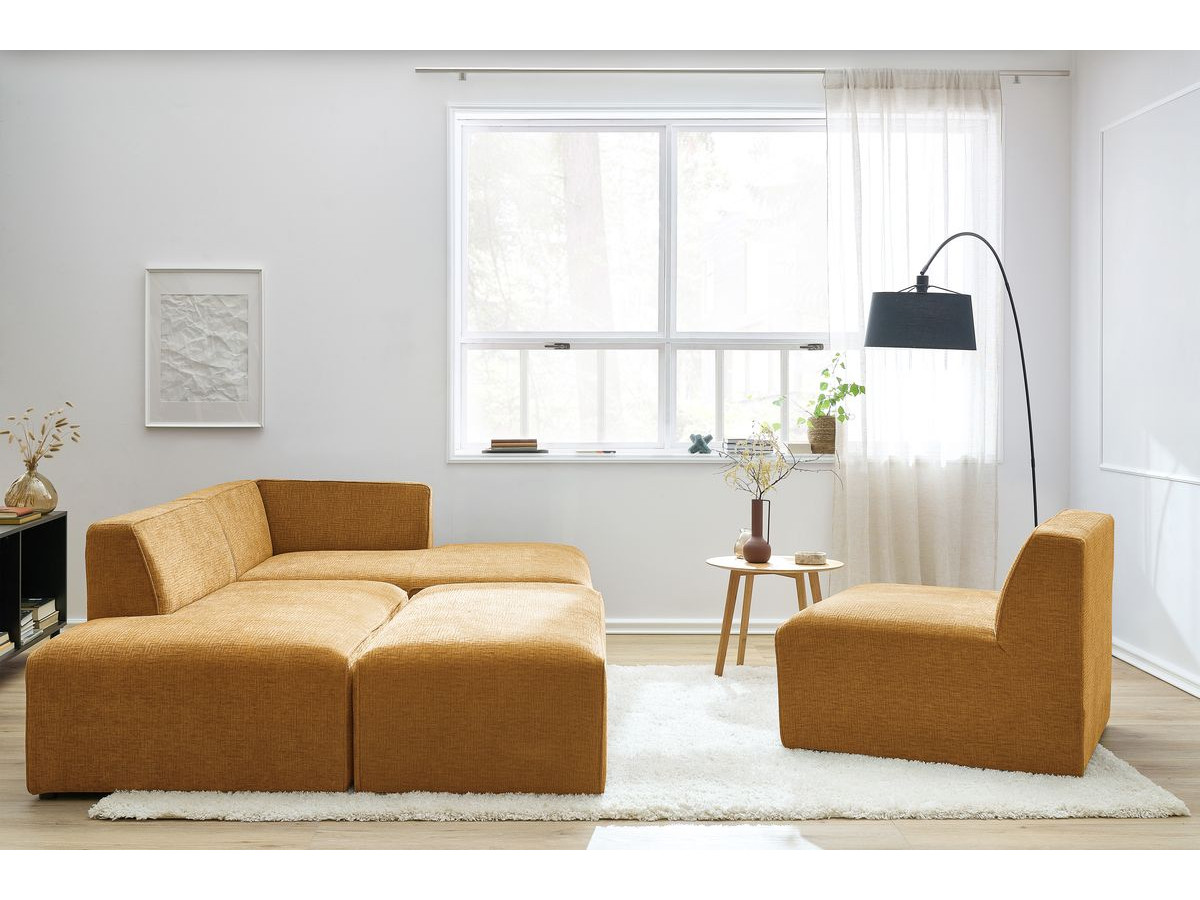 MEGEVE vaste modulaire hoekbank in structuurstof met 1 fauteuil en 1 poef