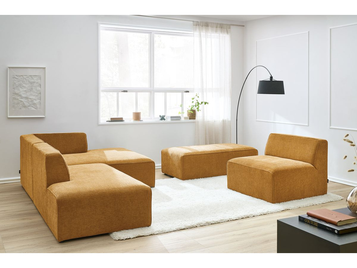 MEGEVE vaste modulaire hoekbank in structuurstof met 1 fauteuil en 1 poef