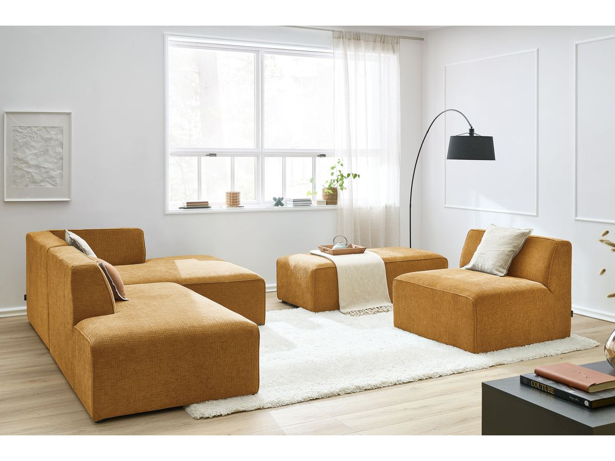 MEGEVE vaste modulaire hoekbank in structuurstof met 1 fauteuil en 1 poef