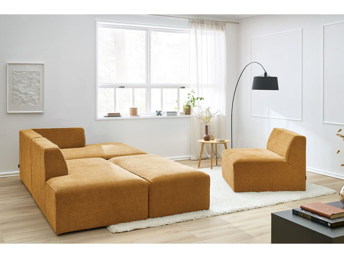 MEGEVE vaste modulaire hoekbank in structuurstof met 1 fauteuil en 1 poef
