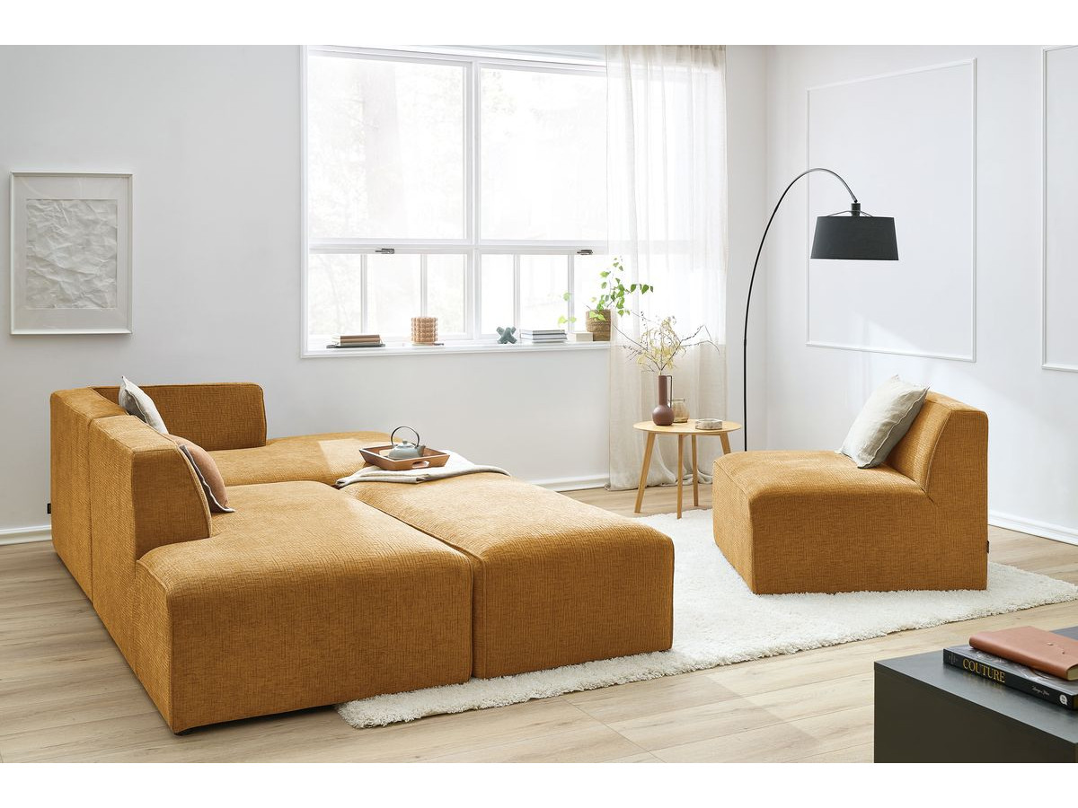 MEGEVE vaste modulaire hoekbank in structuurstof met 1 fauteuil en 1 poef