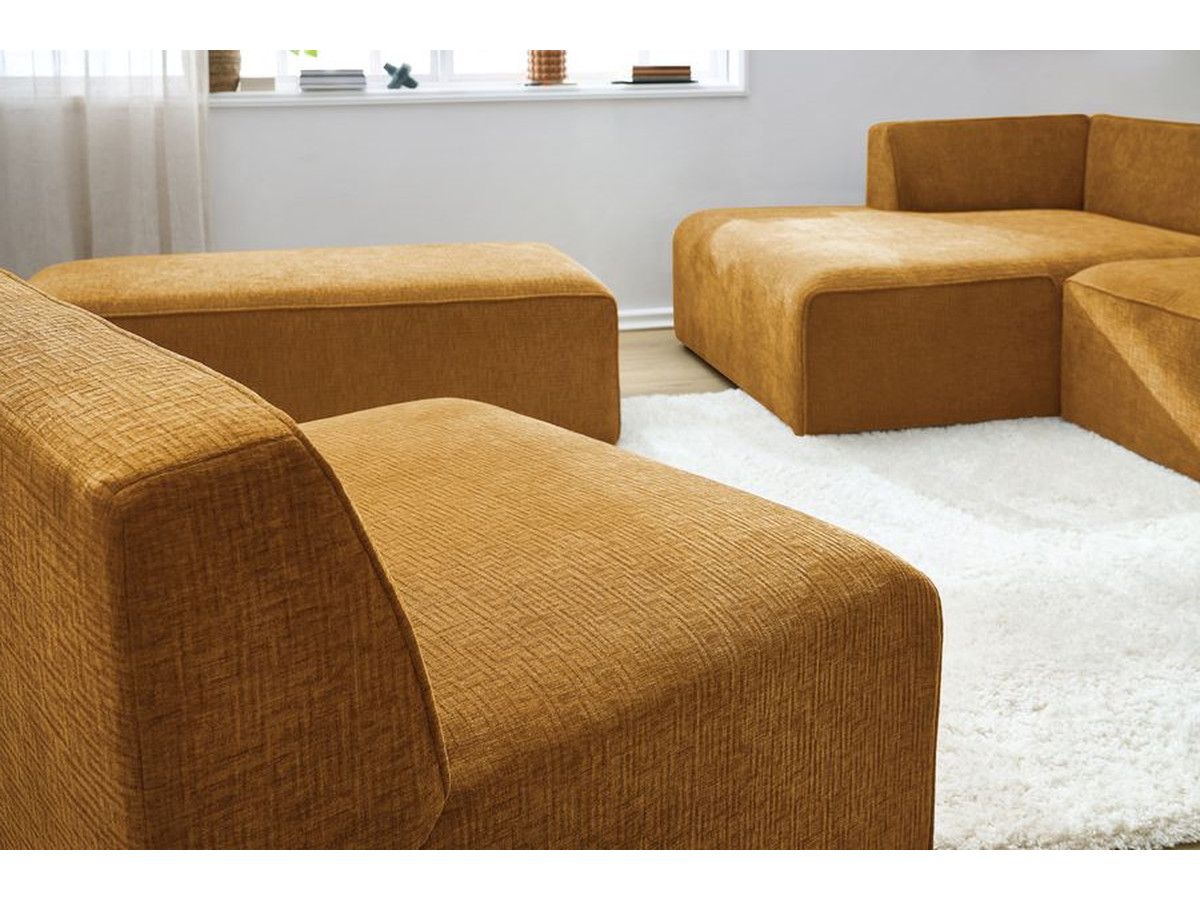 Canapé d'angle fixe modulable MEGEVE tissu texturé avec 1 chauffeuse et 1 pouf