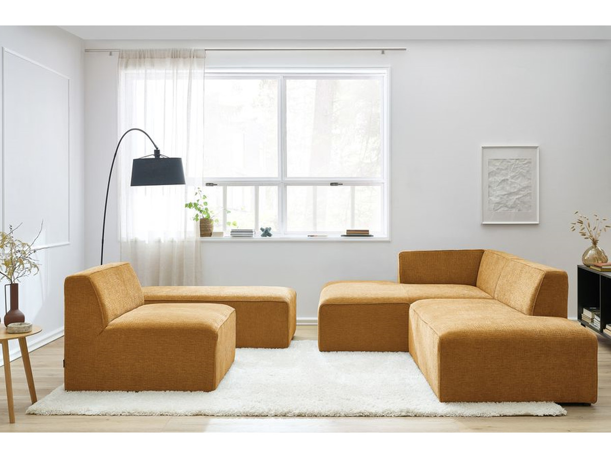 Canapé d'angle fixe modulable MEGEVE tissu texturé avec 1 chauffeuse et 1 pouf jaune angle gauche BOBOCHIC 6 places - Vue supplémentaire 3