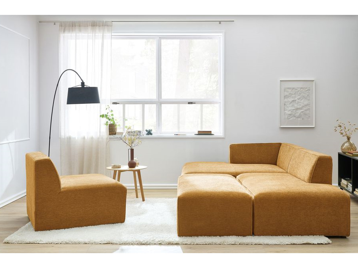 Canapé d'angle fixe modulable MEGEVE tissu texturé avec 1 chauffeuse et 1 pouf