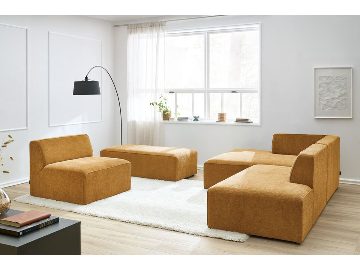 Canapé d'angle fixe modulable MEGEVE tissu texturé avec 1 chauffeuse et 1 pouf