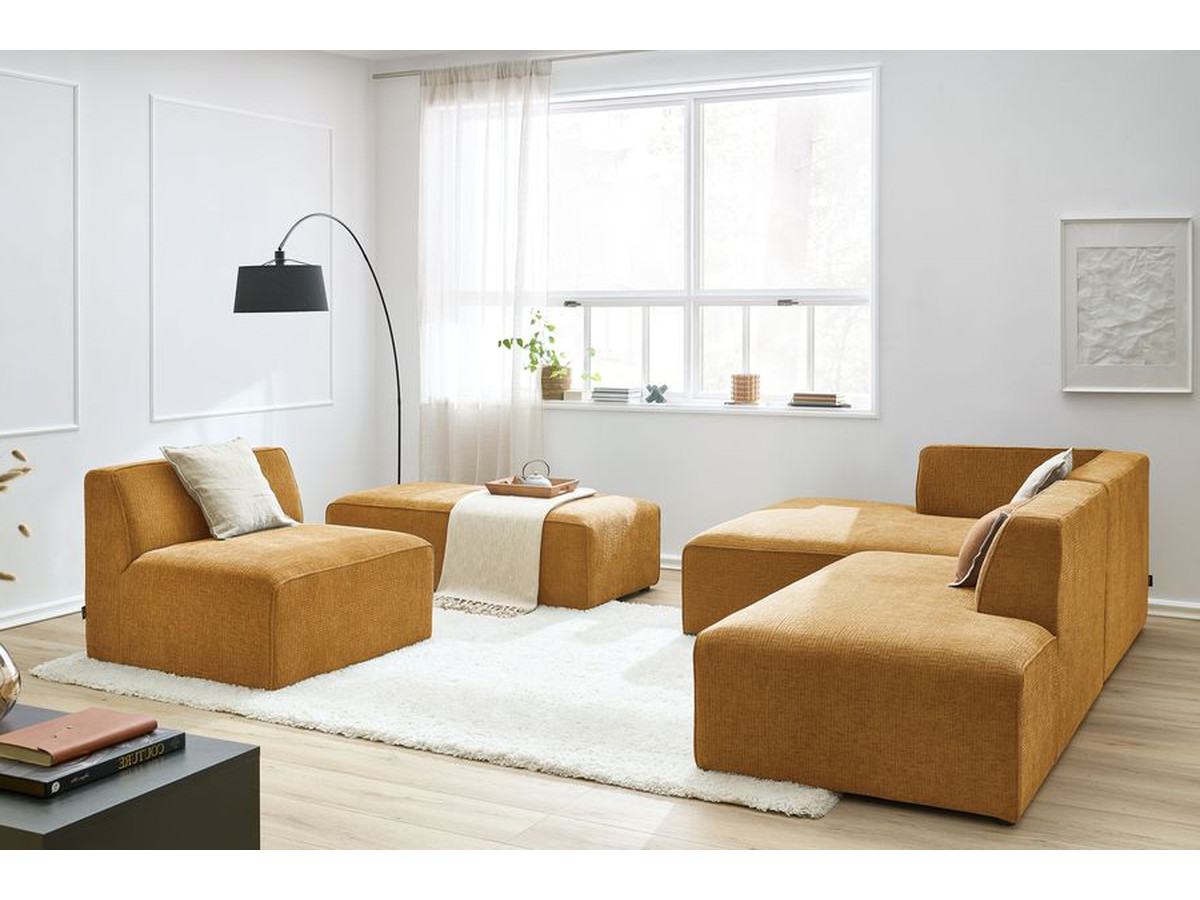 Canapé d'angle fixe modulable MEGEVE tissu texturé avec 1 chauffeuse et 1 pouf