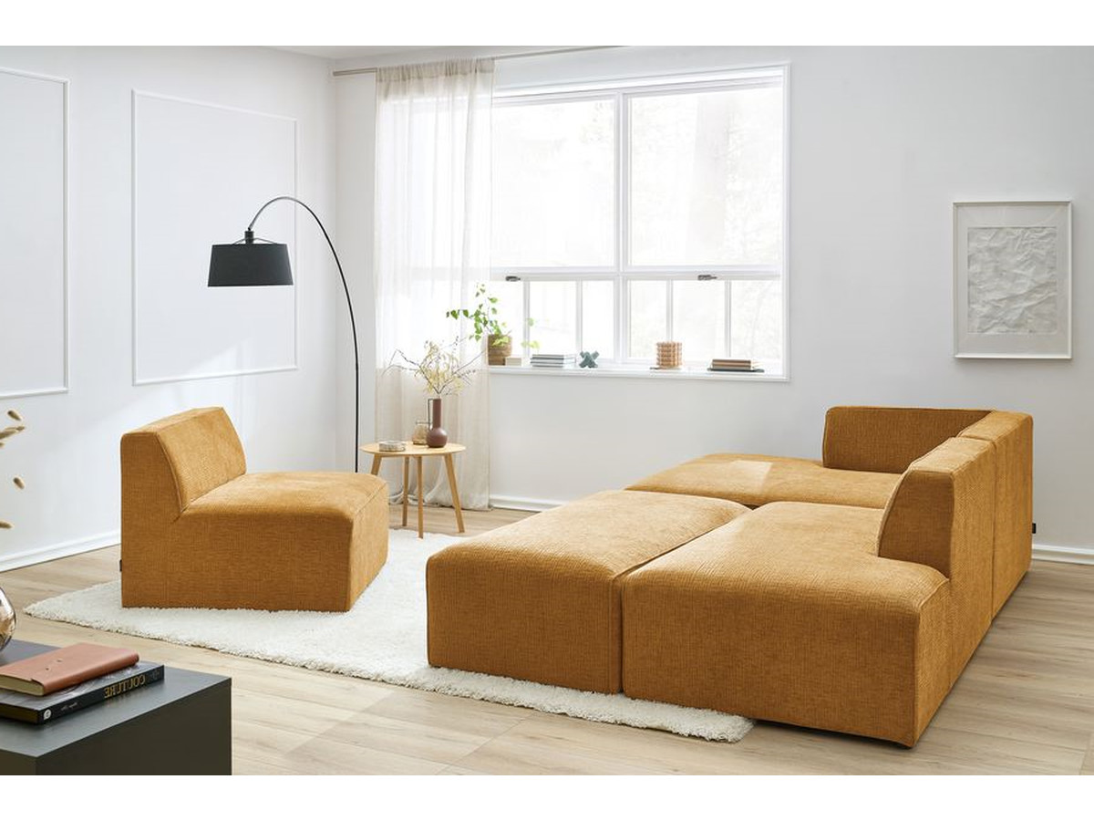 Canapé d'angle fixe modulable MEGEVE tissu texturé avec 1 chauffeuse et 1 pouf