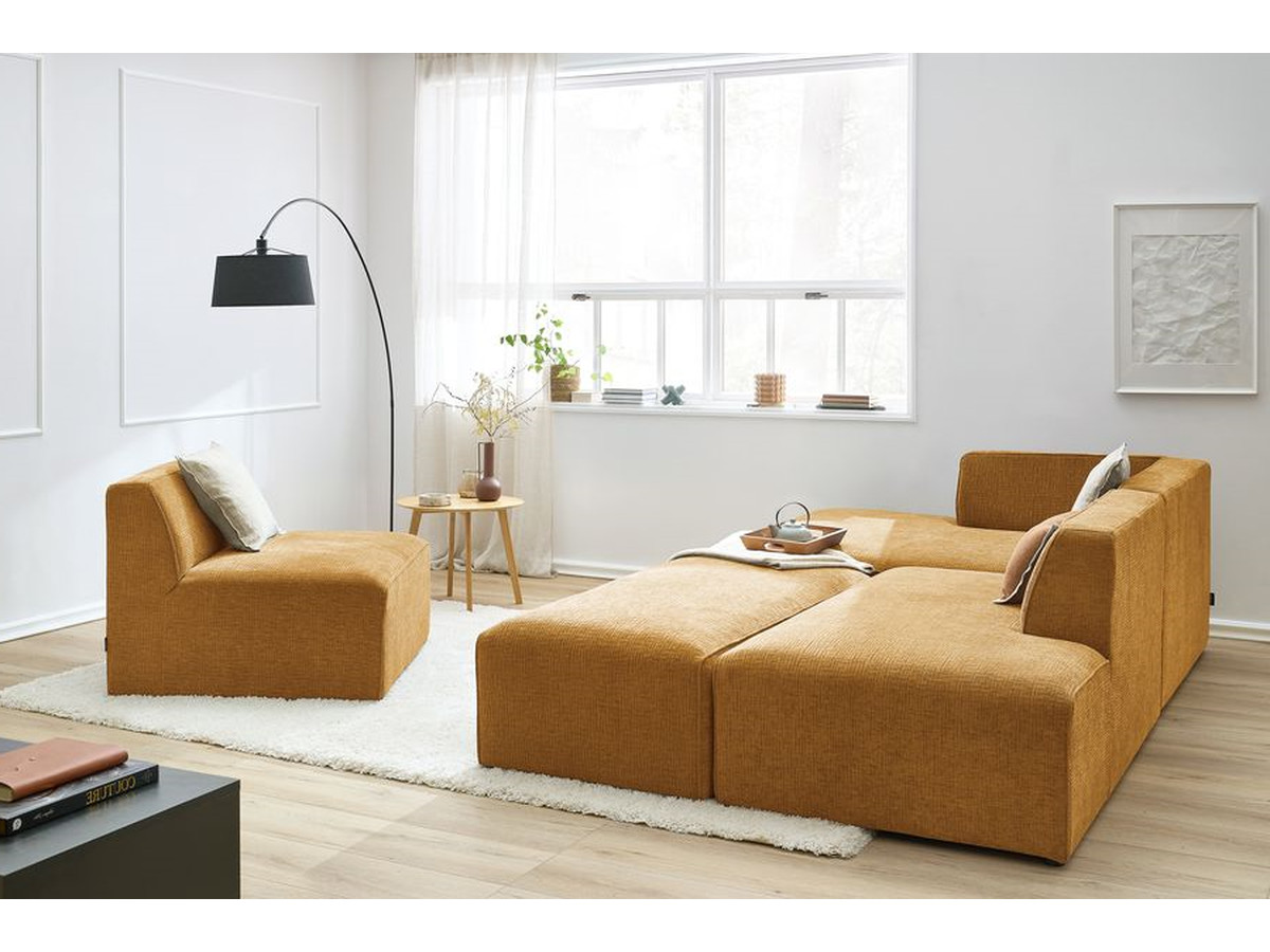 Canapé d'angle fixe modulable MEGEVE tissu texturé avec 1 chauffeuse et 1 pouf