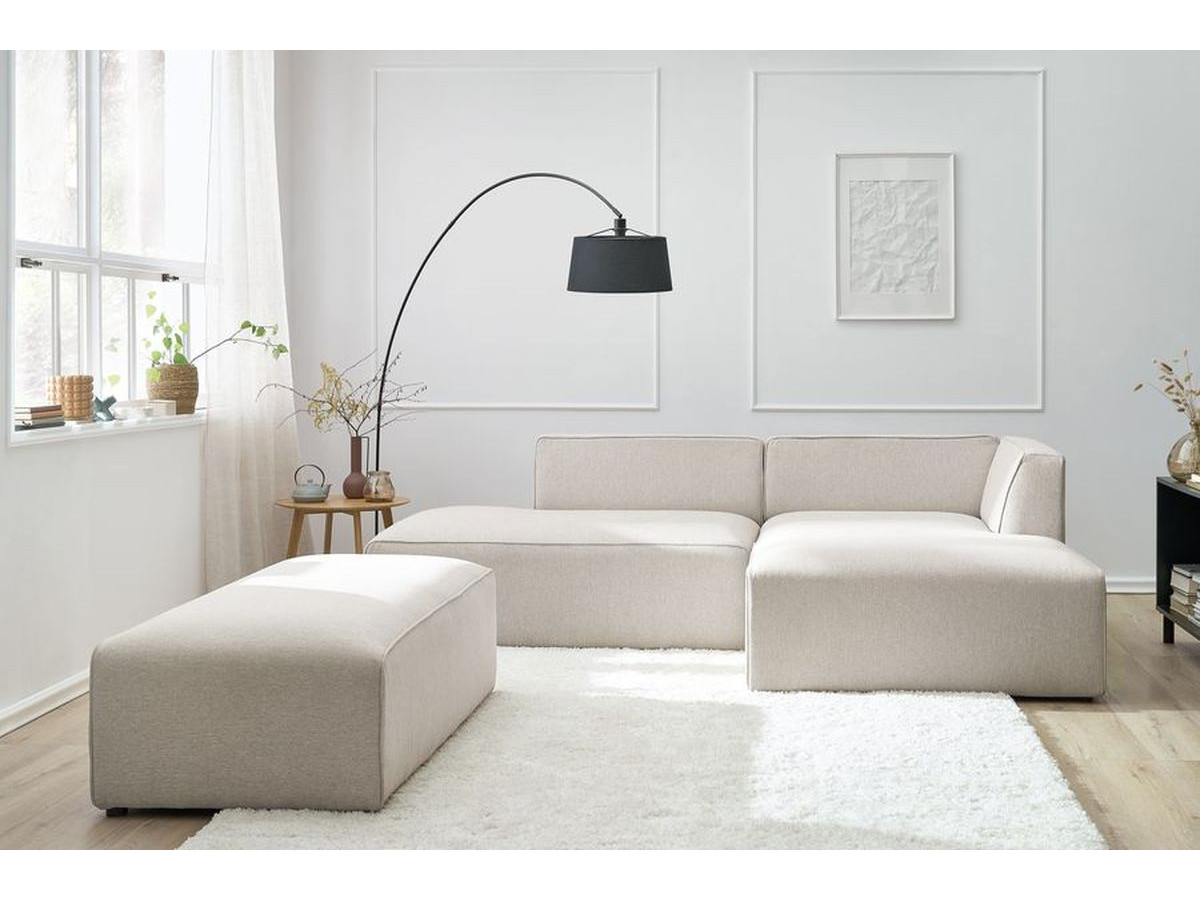 Canapé d'angle fixe modulable MEGEVE tissu chiné avec pouf