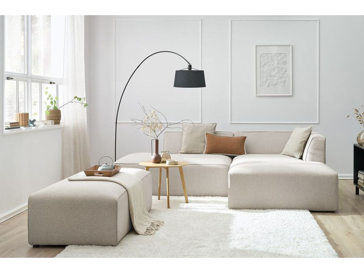 Canapé d'angle fixe modulable MEGEVE tissu chiné avec pouf