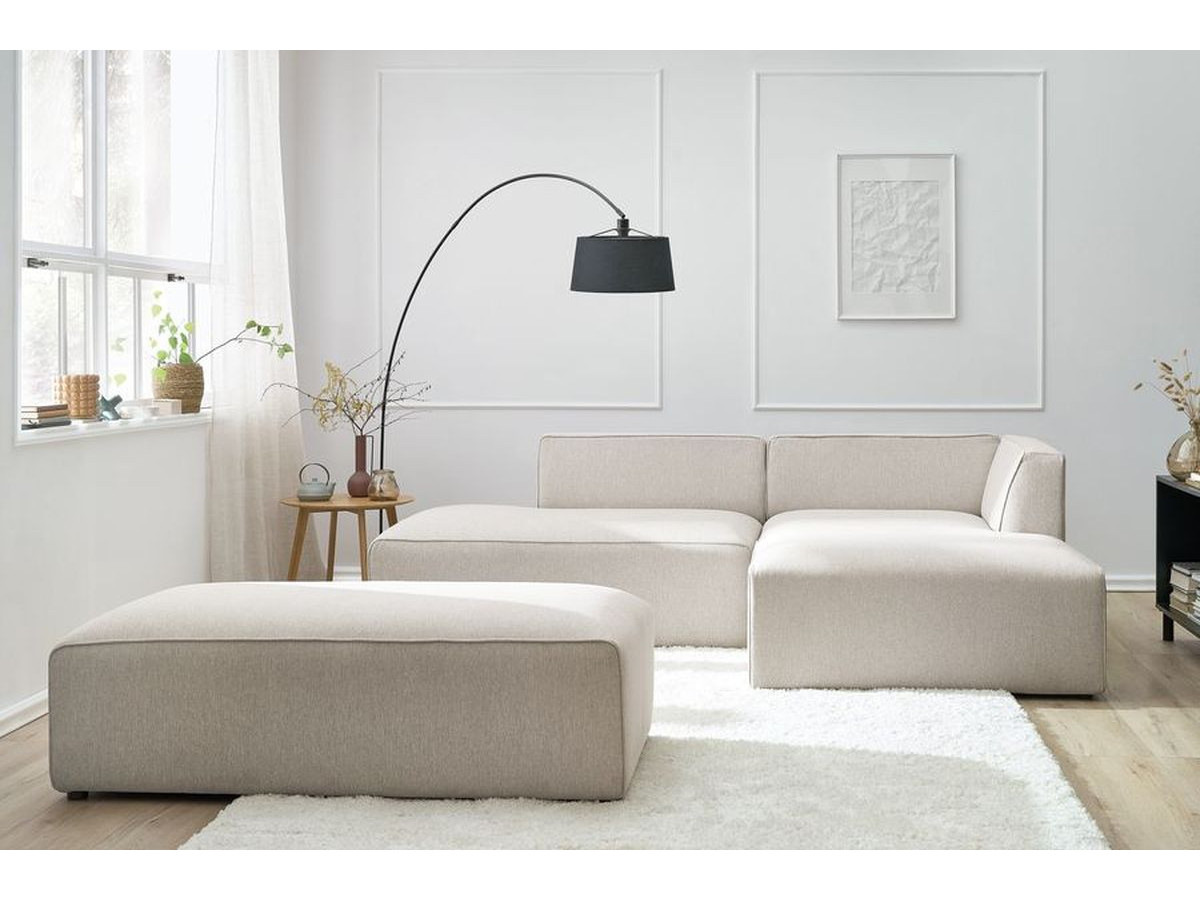 Canapé d'angle fixe modulable MEGEVE tissu chiné avec pouf