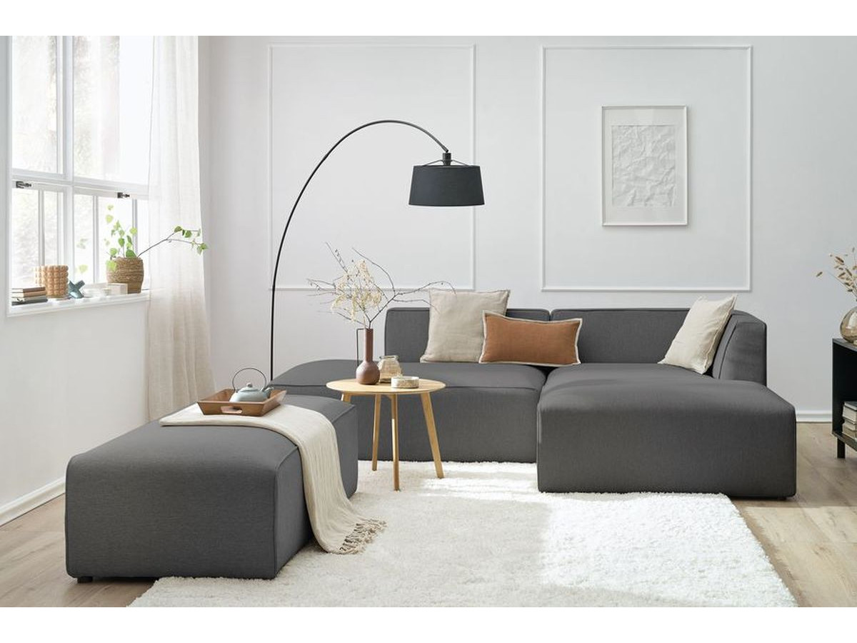 Canapé d'angle fixe modulable MEGEVE tissu chiné avec pouf