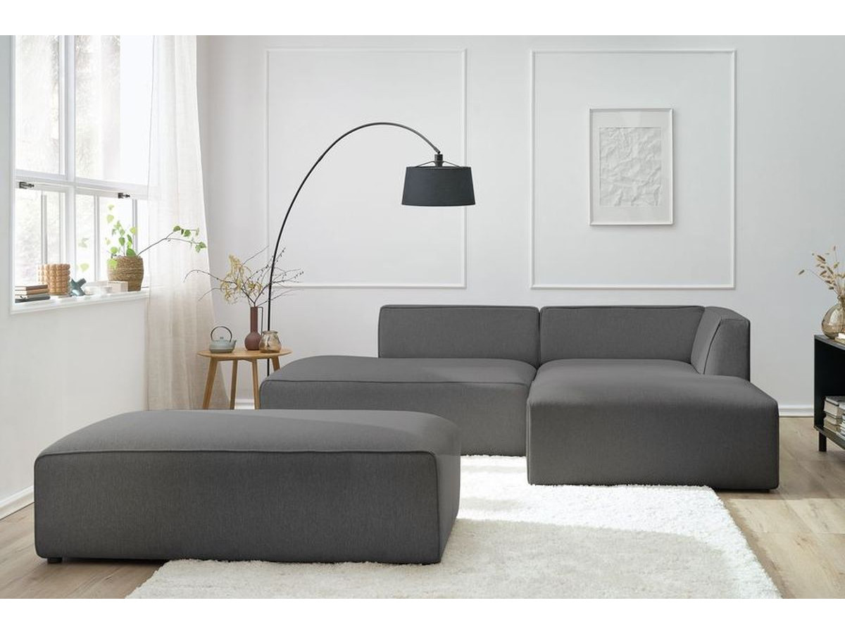 Canapé d'angle fixe modulable MEGEVE tissu chiné avec pouf