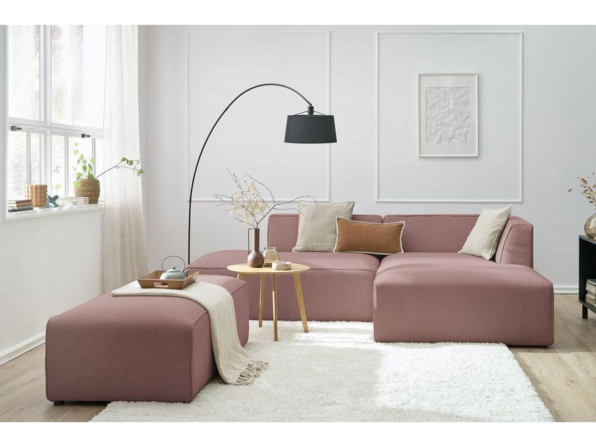 Canapé d'angle fixe modulable MEGEVE tissu chiné avec pouf