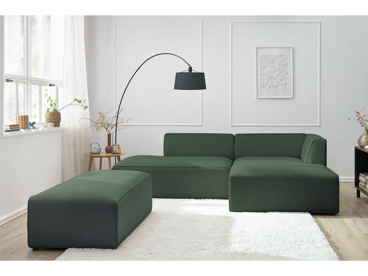 Canapé d'angle fixe modulable MEGEVE tissu chiné avec pouf
