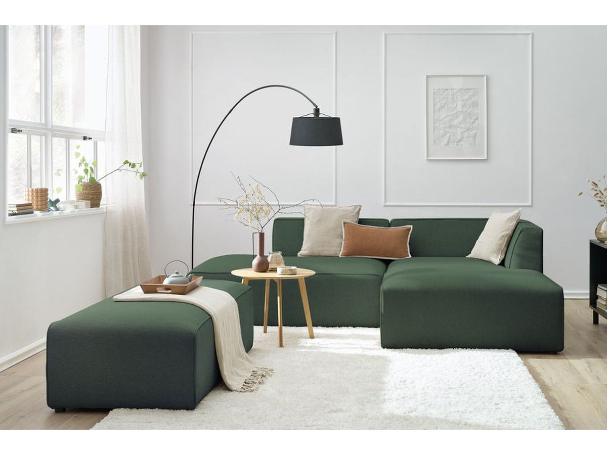 Canapé d'angle fixe modulable MEGEVE tissu chiné avec pouf