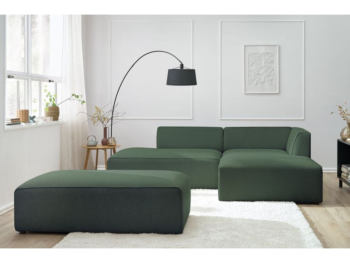 Canapé d'angle fixe modulable MEGEVE tissu chiné avec pouf
