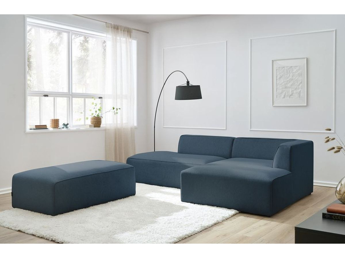 Canapé d'angle fixe modulable MEGEVE tissu chiné avec pouf bleu foncé angle droit BOBOCHIC 5 places - Vue supplémentaire 3
