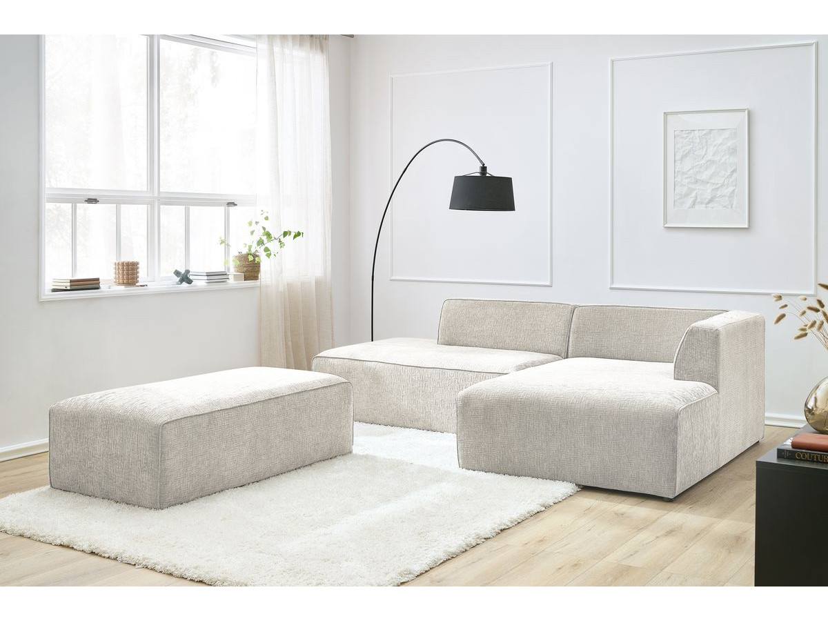 Canapé d'angle fixe modulable MEGEVE tissu texturé avec pouf