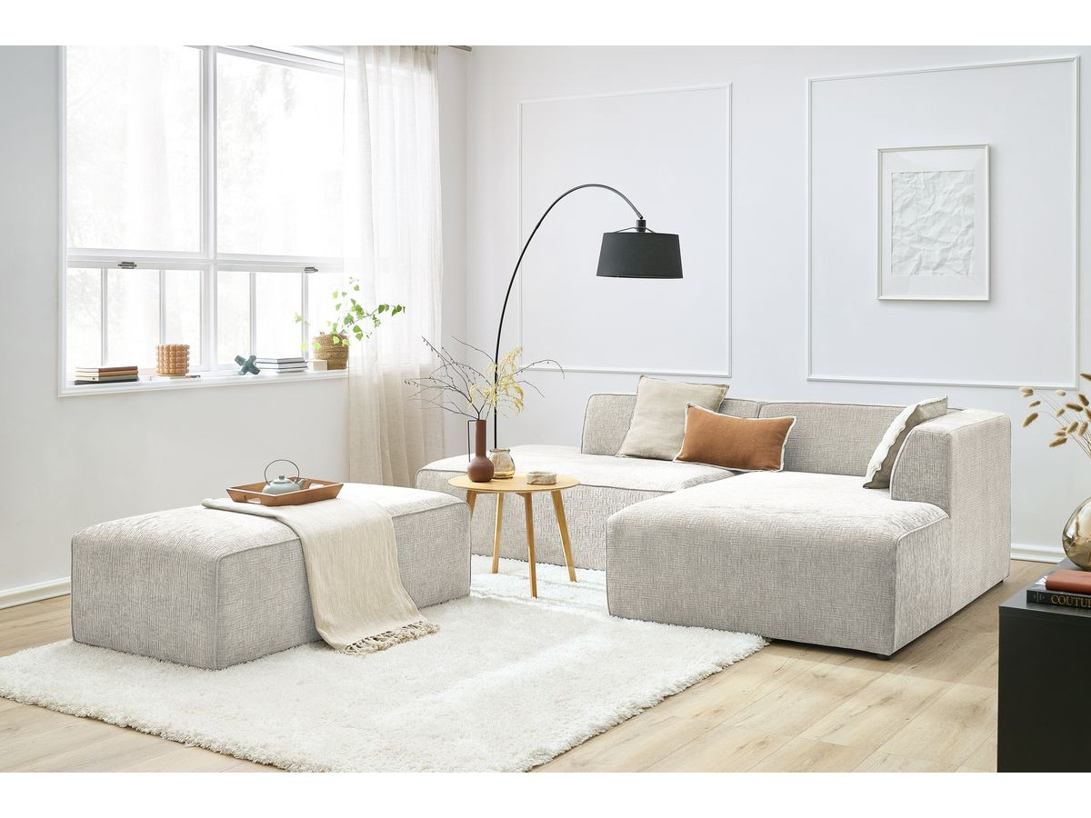 Canapé d'angle fixe modulable MEGEVE tissu texturé avec pouf