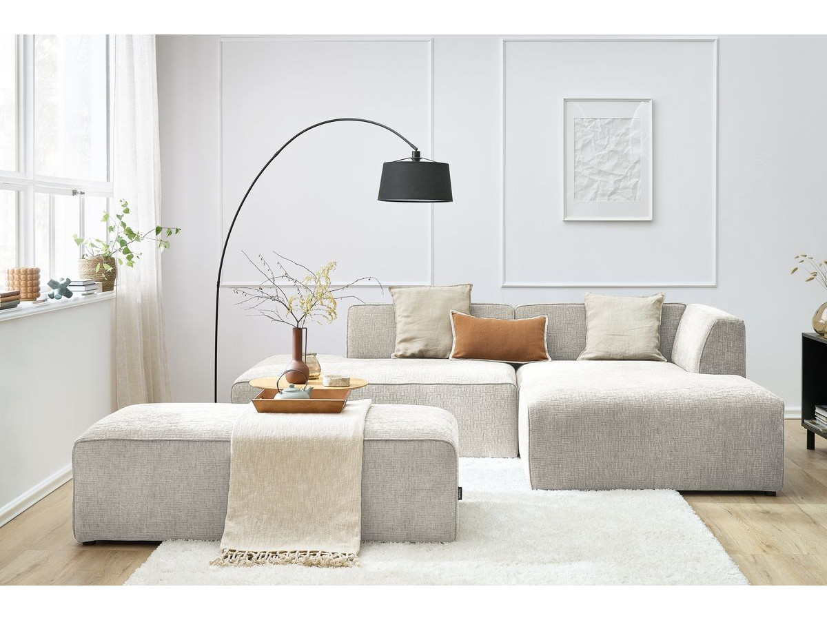 Canapé d'angle fixe modulable MEGEVE tissu texturé avec pouf