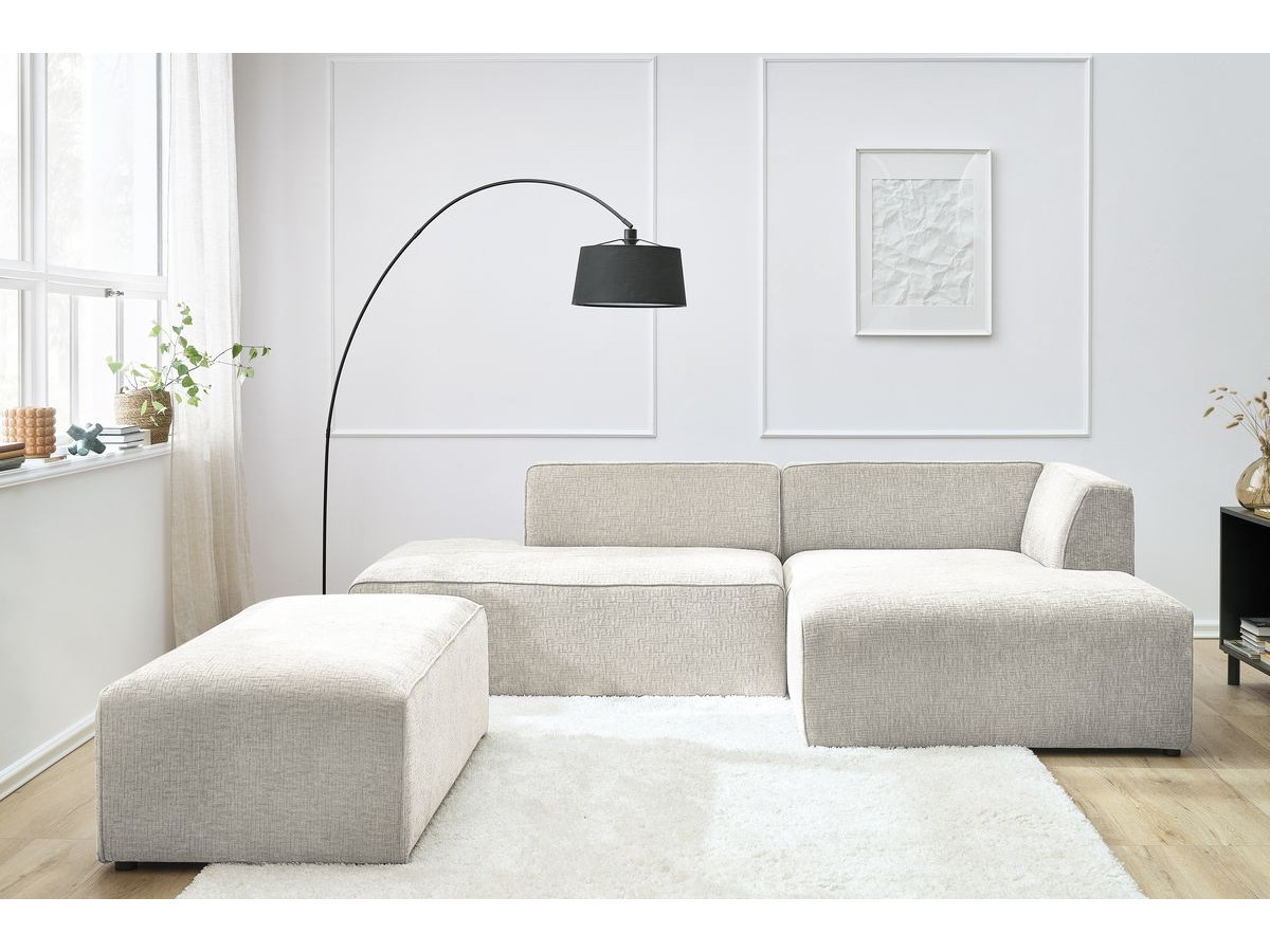Canapé d'angle fixe modulable MEGEVE tissu texturé avec pouf