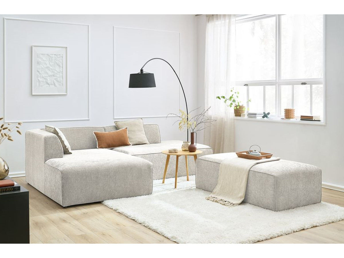Canapé d'angle fixe modulable MEGEVE tissu texturé avec pouf