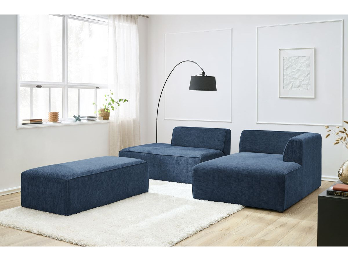 Canapé d'angle fixe modulable MEGEVE tissu texturé avec pouf bleu foncé angle droit BOBOCHIC 5 places - Vue supplémentaire 3