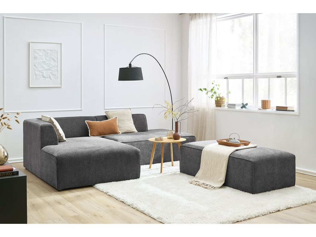 Canapé d'angle fixe modulable MEGEVE tissu texturé avec pouf