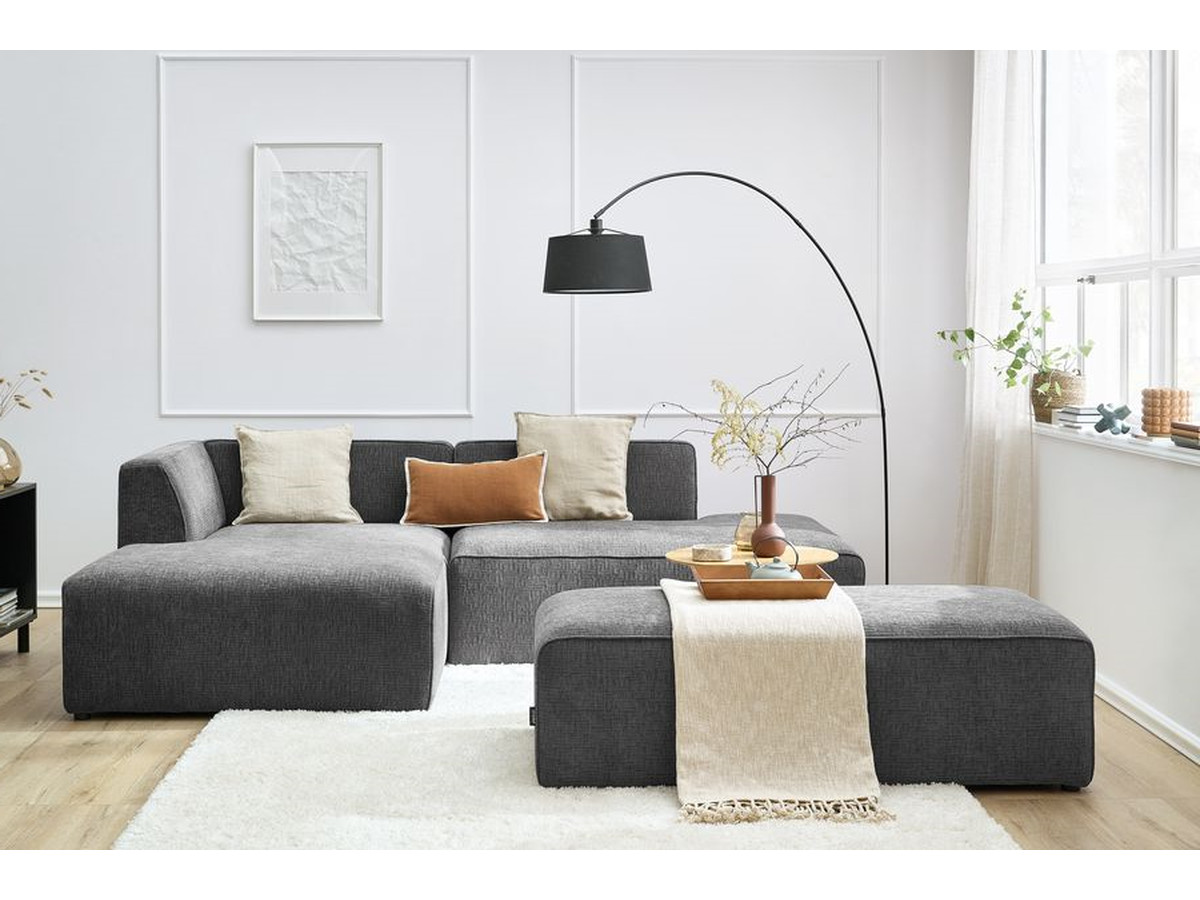 Canapé d'angle fixe modulable MEGEVE tissu texturé avec pouf