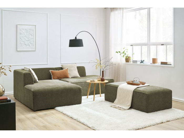 Canapé d'angle fixe modulable MEGEVE tissu texturé avec pouf