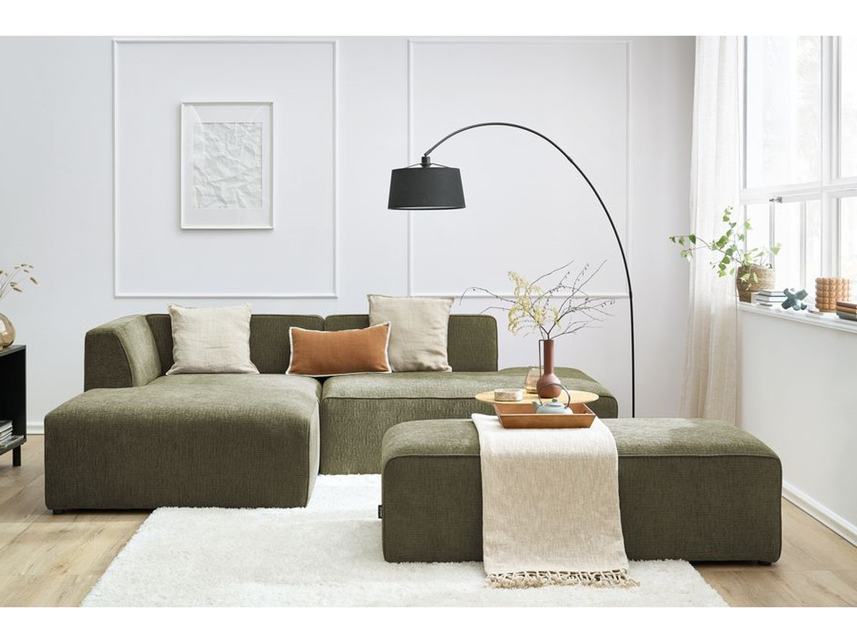 Canapé d'angle fixe modulable MEGEVE tissu texturé avec pouf