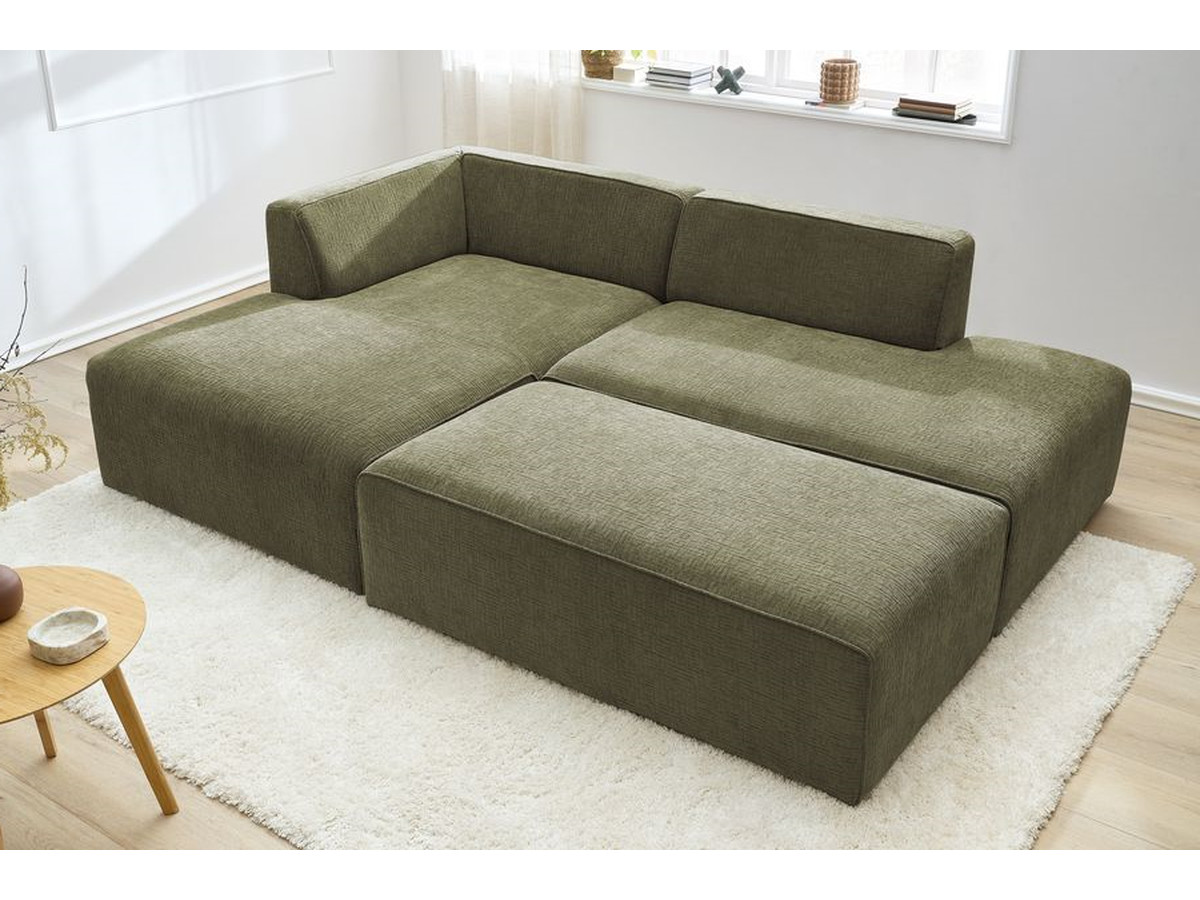 Canapé d'angle fixe modulable MEGEVE tissu texturé avec pouf