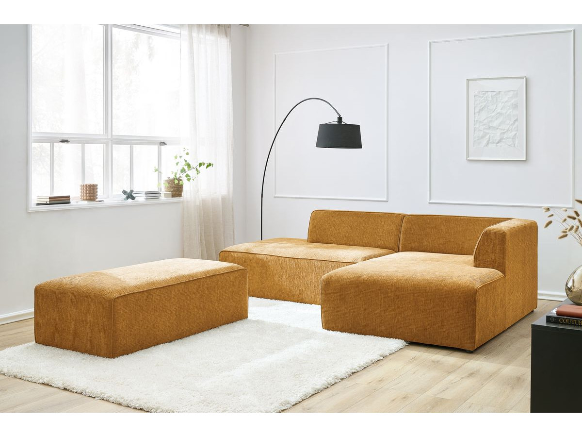 Canapé d'angle fixe modulable MEGEVE tissu texturé avec pouf