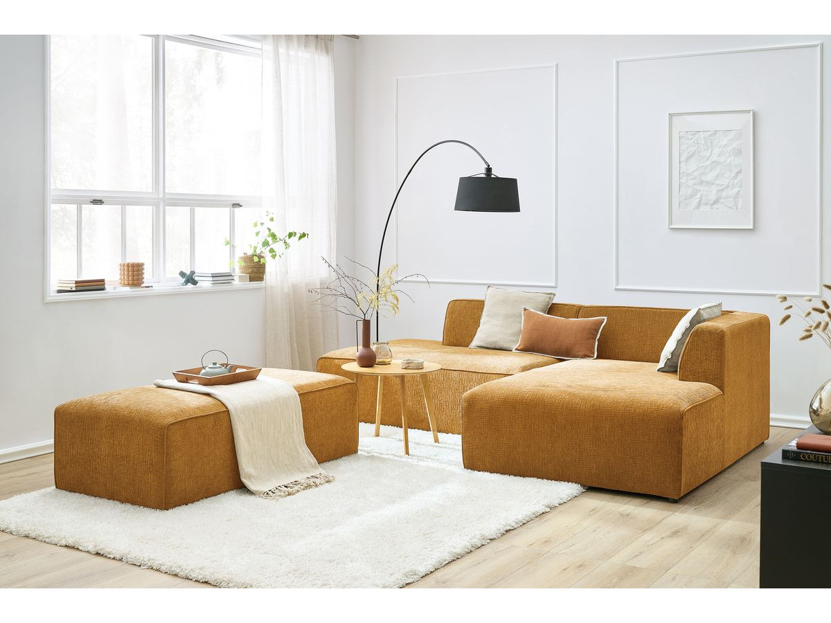 Canapé d'angle fixe modulable MEGEVE tissu texturé avec pouf