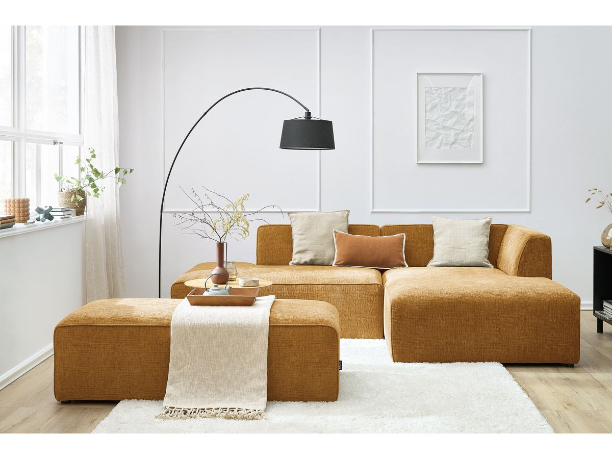 Canapé d'angle fixe modulable MEGEVE tissu texturé avec pouf