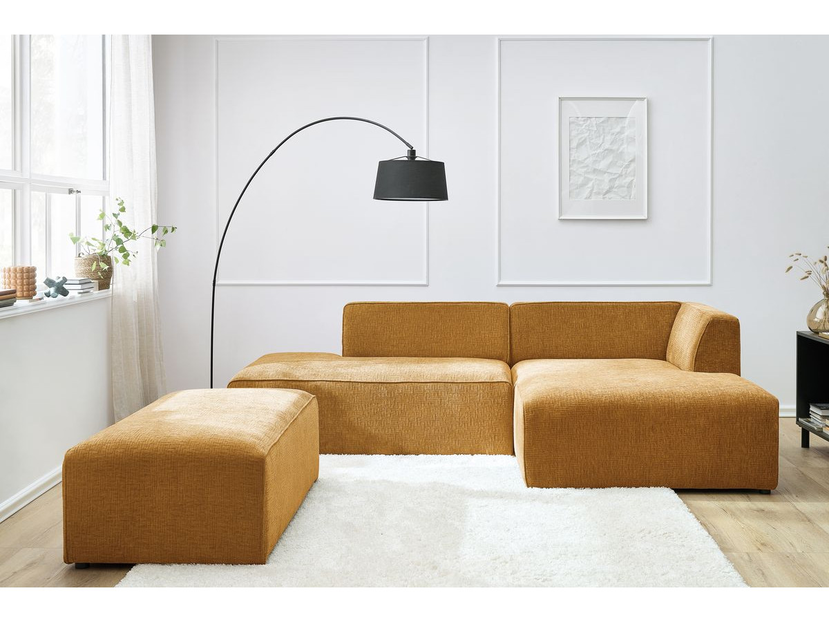 Canapé d'angle fixe modulable MEGEVE tissu texturé avec pouf