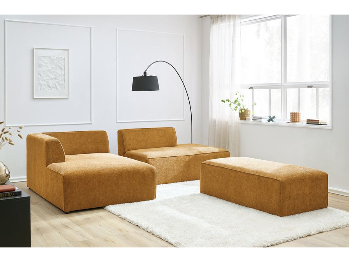 Canapé d'angle fixe modulable MEGEVE tissu texturé avec pouf jaune angle gauche BOBOCHIC 5 places - Vue supplémentaire 3