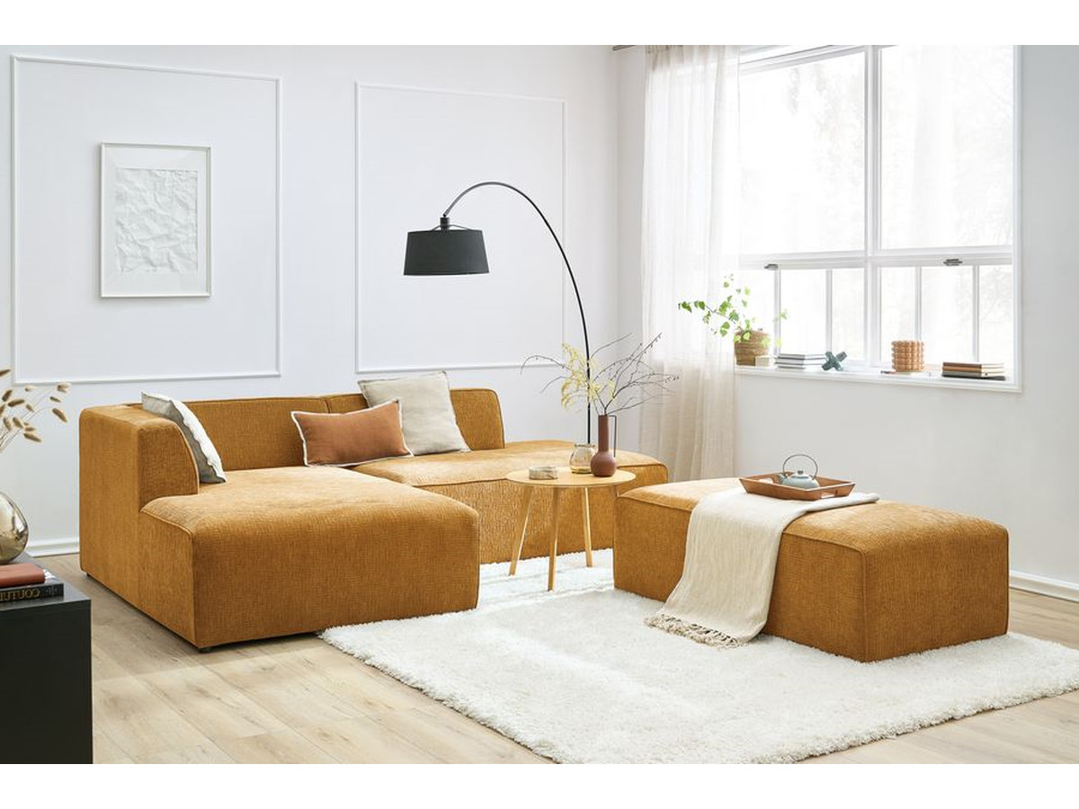 Canapé d'angle fixe modulable MEGEVE tissu texturé avec pouf