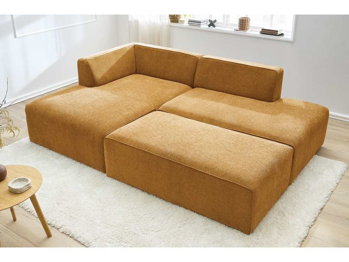 Canapé d'angle fixe modulable MEGEVE tissu texturé avec pouf