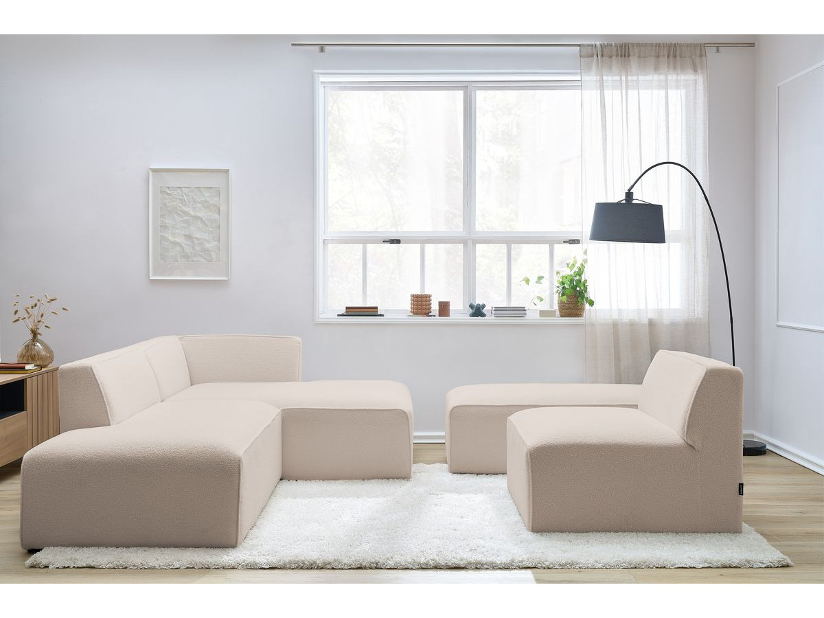 Canapé d'angle fixe modulable MEGEVE tissu bouclette avec 1 chauffeuse et 1 pouf beige angle droit BOBOCHIC 6 places - Vue supplémentaire 3