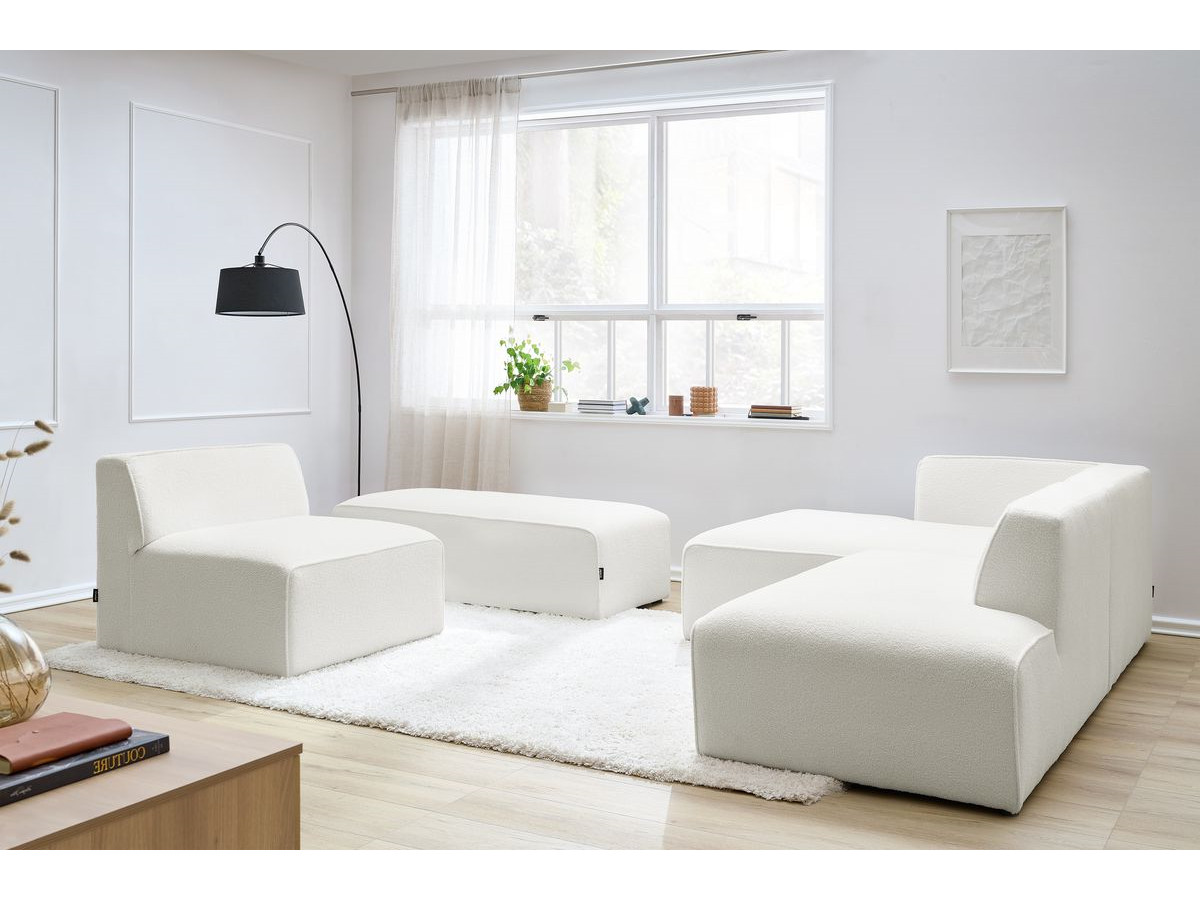 Canapé d'angle fixe modulable MEGEVE tissu bouclette avec 1 chauffeuse et 1 pouf